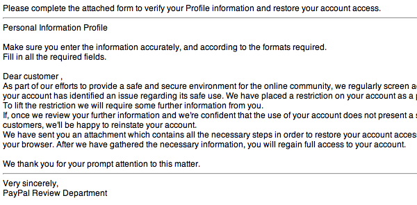 PayPal Phishing Scam E-mail